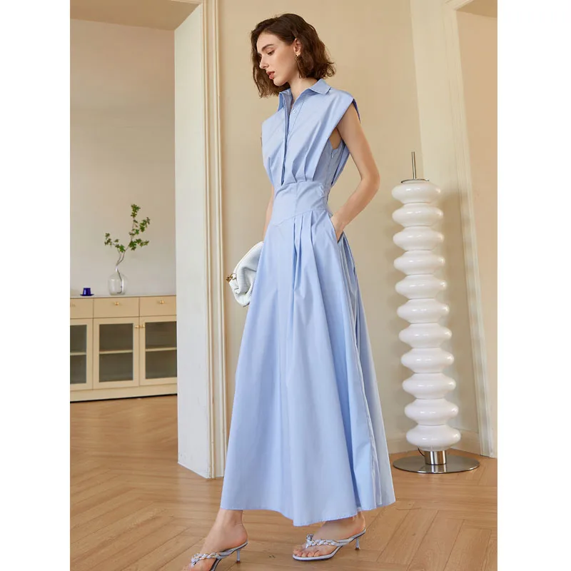 Elegant Blue Shirt Dress For Women Sleeveless Lapel High Waist Midi Dresses Casual Fashion Female Clothing New