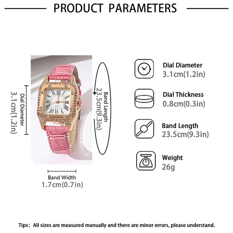 6PCS Women Watch Pink Leather Band Ladies Watches Fashion Casual Quartz Wristwatch Butterfly Design Ring Necklace Earrings Watch