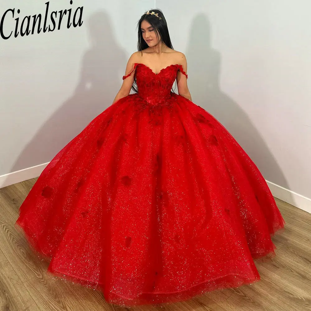 Merah dari bahu 3D bunga Quinceanera gaun bola Glitter kristal applique renda korset Vestidos De 15 ainggos