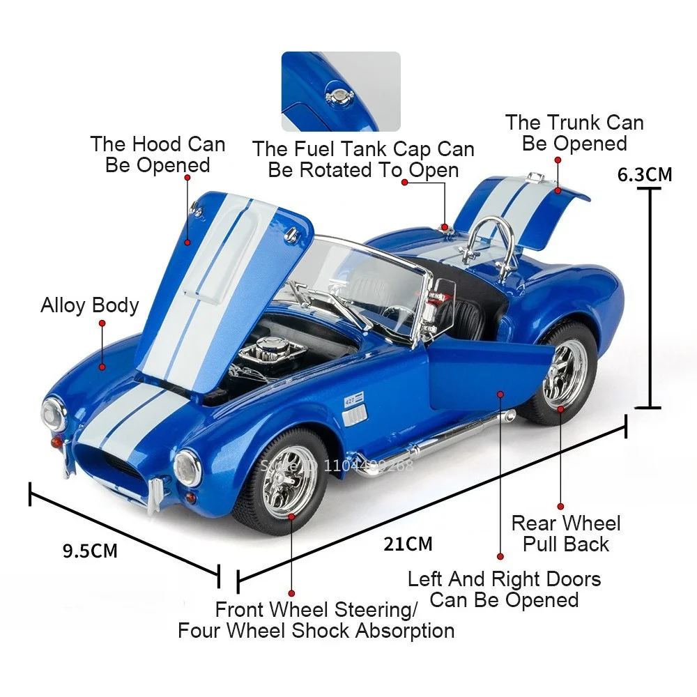 1:24 Scale GT Cobra Car Model Toy Shock Absorption Openable Hood Supercar Models Alloy Body Rubber Tires Toys Adults' Presents