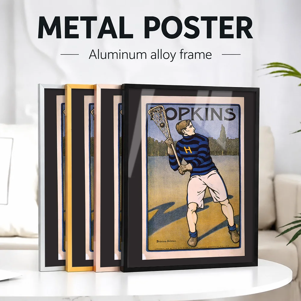 Vintage Lacrosse Player Framed Aluminum Metal Poster Customized Photo Energetic Graphic Style Wall Art For Office Athlete Gift