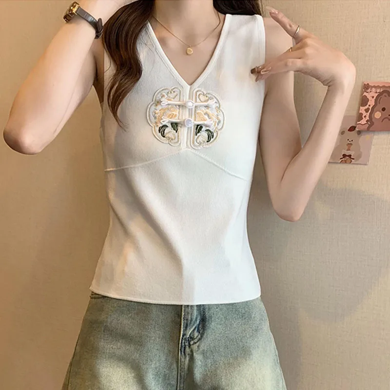 외투 브이넥 니트 여성 스웨터 조끼 새로운 민소매 흰색 자수 니트 스웨터 조끼 여성 탑스 스웨터 페미니노 Q2629