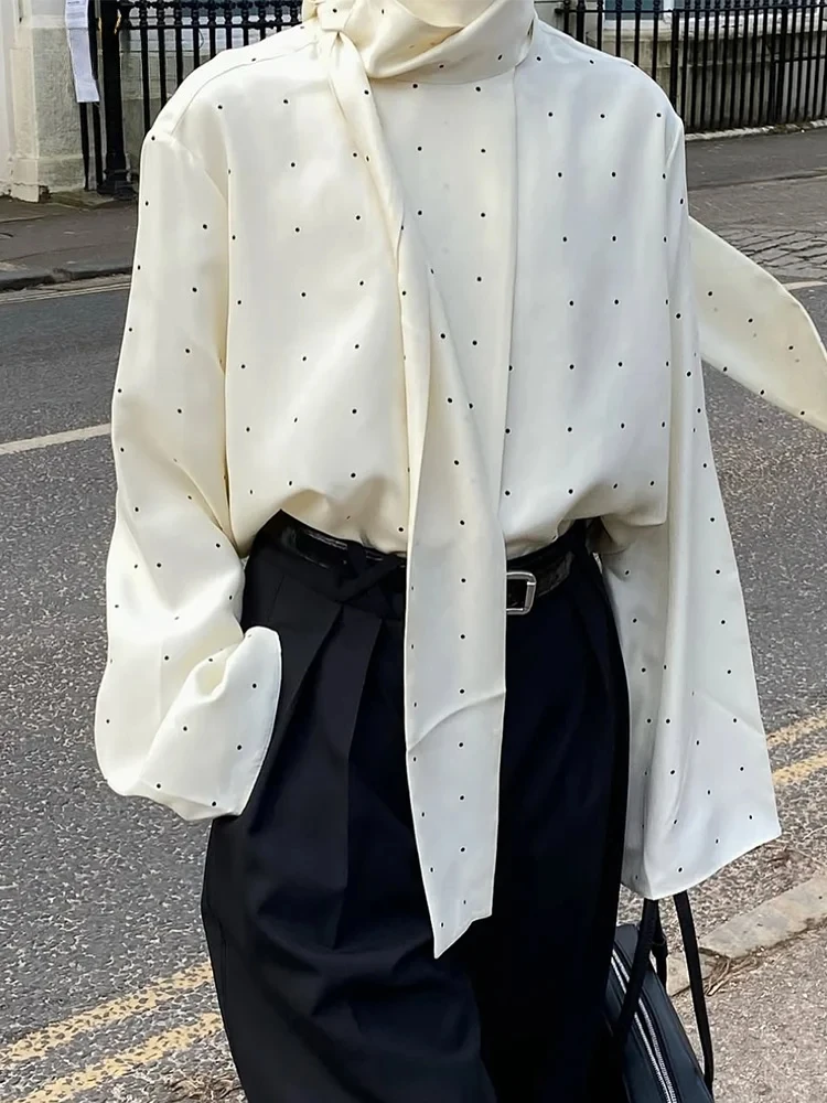 

Женская блузка с принтом в горошек, с атласным шарфом на шее, элегантная, с длинным рукавом, новинка 2026 года, осенняя, повседневная, уличный шик, верхняя одежда