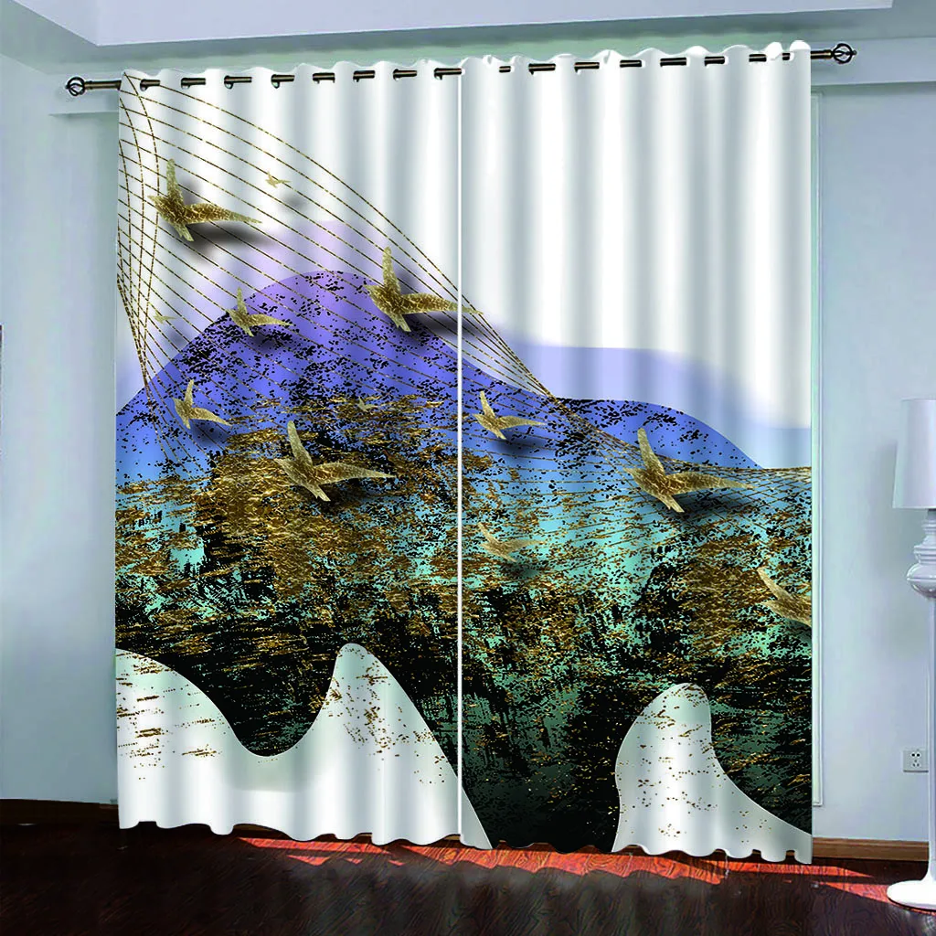 HUANZHUANG Luxury Curtains For Living Room On Sale Creative Gold Birds 2 Pieces Fashion Window Curtain For Living Room