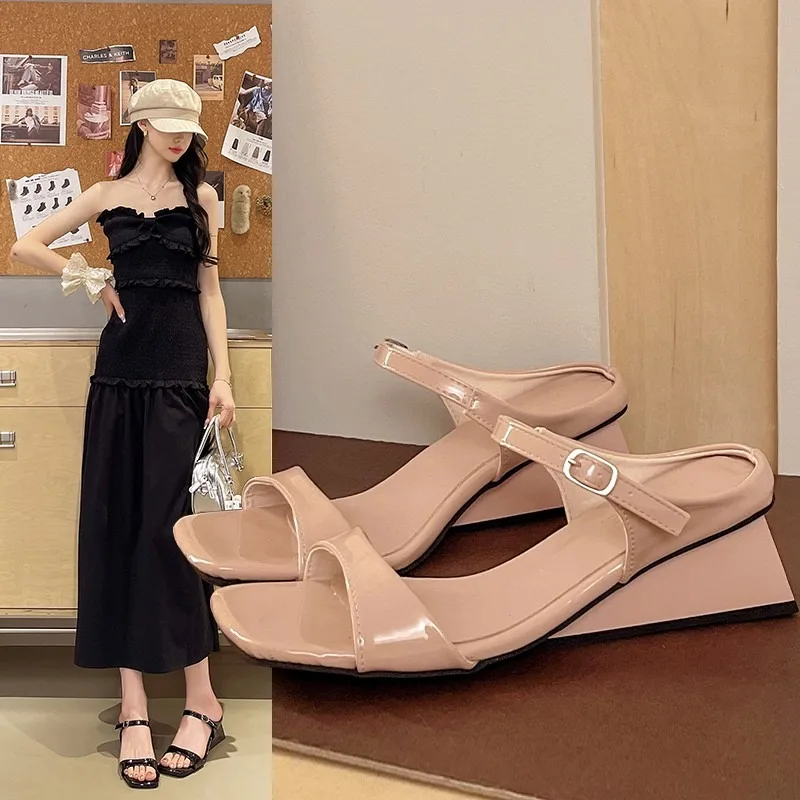 French Wedge Sandals and Slippers for Women Summer Outer Wear 2026 New Square Toe Open Toe Strap High Heels