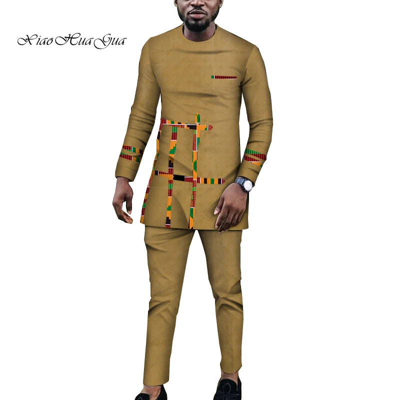 

Bazin Riche 2 Pcs Set African Outfits for Men Tops Gown and Trousers African Men Clothes Long Sleeve Shirt and Pants Set WYN920