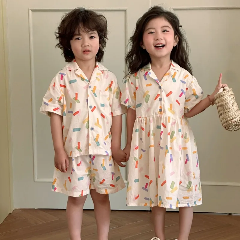 

2025 Summer sibling clothes Boys lapel short sleeve shirt+shorts 2pcs set Girls lapel short sleeve dress children's clothing