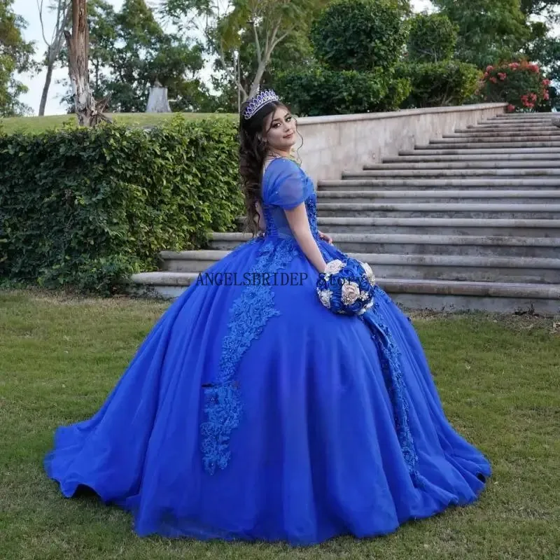 Angelsbridep azul real quinceanera vestidos para 15 anos de idade meninas rendas apliques fora do ombro vestidos de 15 anos personalizado