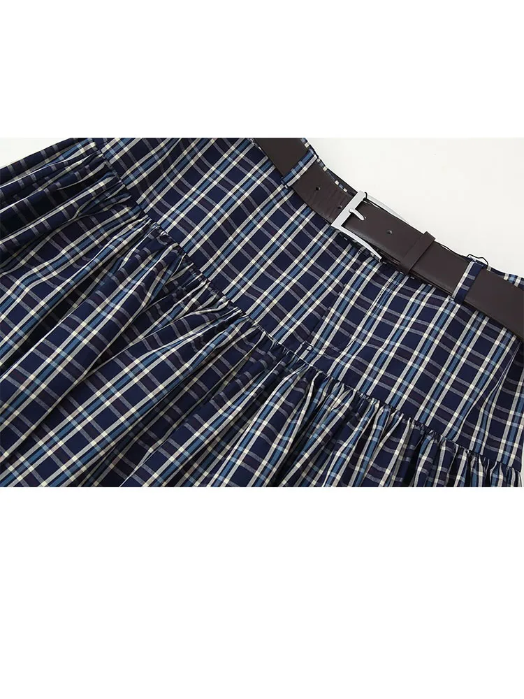 HH Damenmode, karierter Gürtel, Dekoration, lässig, Reißverschluss, langer Rock, hohe Taille, schick, lockerer Faltenrock, Damen-Street-Style-Rock