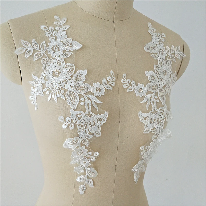 Lace Fabric Embroidered Wedding Gown Appliques, Baroque Trims, Collar Mesh Sew On Patches for Dress, DIY Decoration, Off White