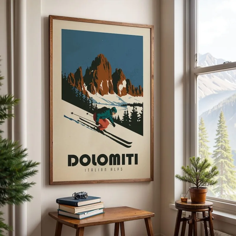 

2D/Flat Dolomites Italy Ski Canvas Painting, Noframed Abstract Vintage Ski Wall Art Poster for Livingroom Wall Decoration Gifts