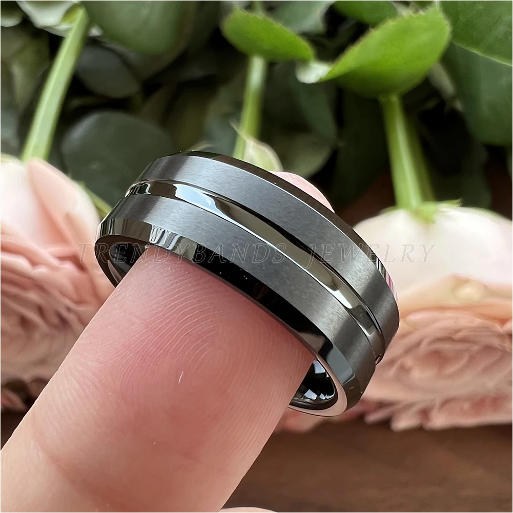 6mm 8mm Black Tungsten Carbide Engagement Ring for Men Women Wedding Band Beveled Edges Brushed Finish With Center Grooved