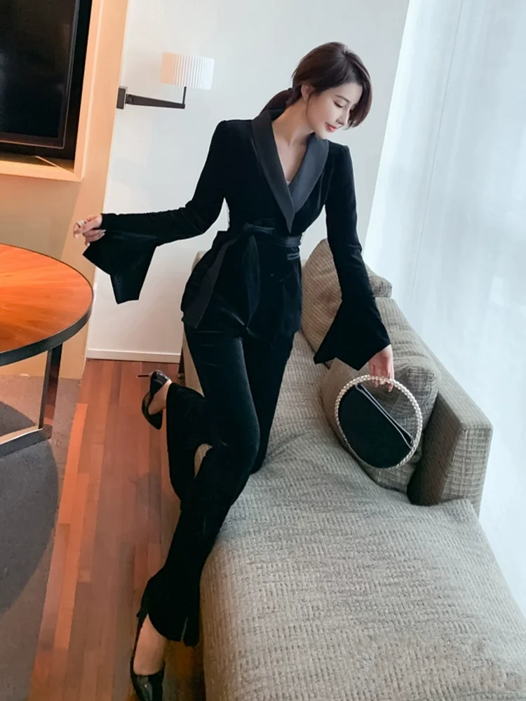 Autumn New Office Ladies Double Breasted Belt Blazer Coat Flare Pants Two Piece Work Set Elegant Women Slim Fit Velvet Suit Sets