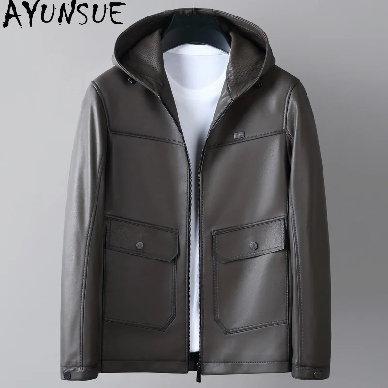 

AYUNSUE Genuine Leather Jacket Men 2025 Spring Autumn Coat Mens Clothes Business Casual Sheepskin Coats Hoodie Jaqueta De Couro