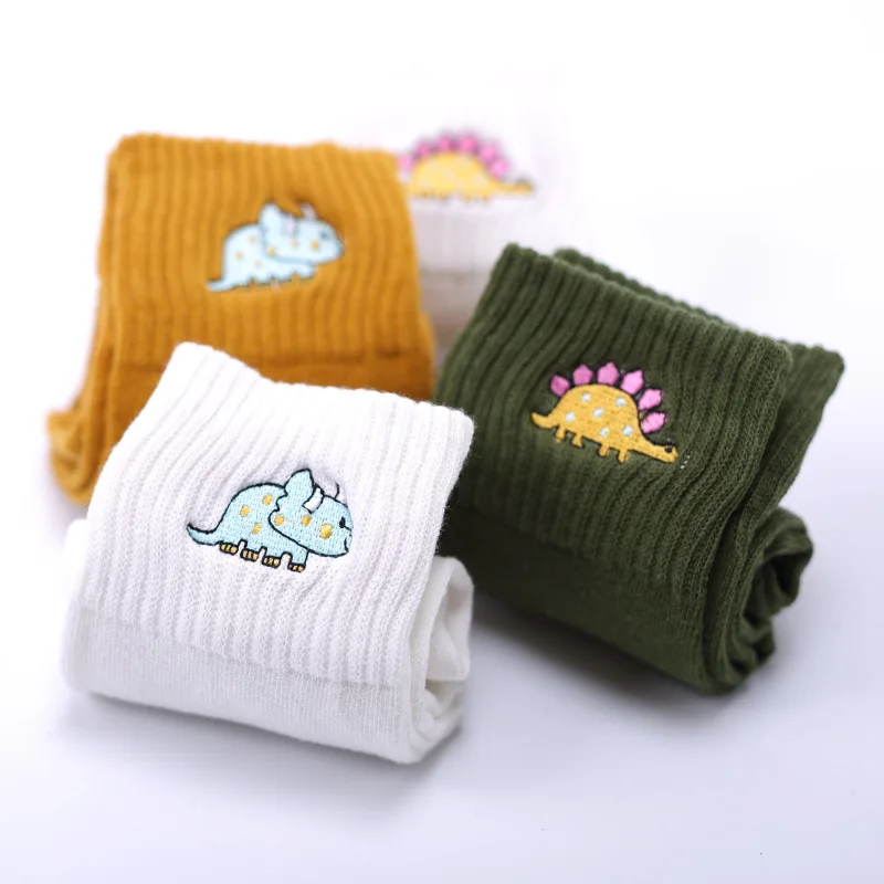 Cute Women Embroidery Dinosaur Socks white Lovely Cartoon Animal Vintage Short Socks Novelty Crazy Funny Cozy Sock Funky