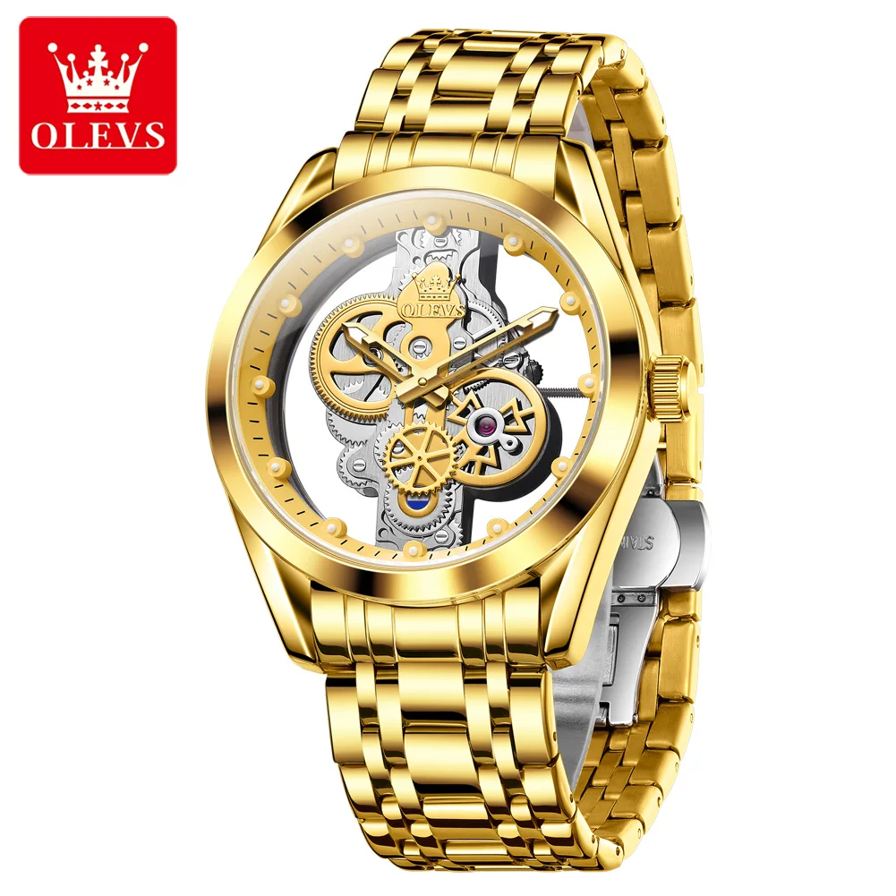 OLEVS Brand New Fashion Transparent Hollow Quartz Watch for Men Stainless Steel Waterproof Luminous Luxury Skeleton Watches Mens