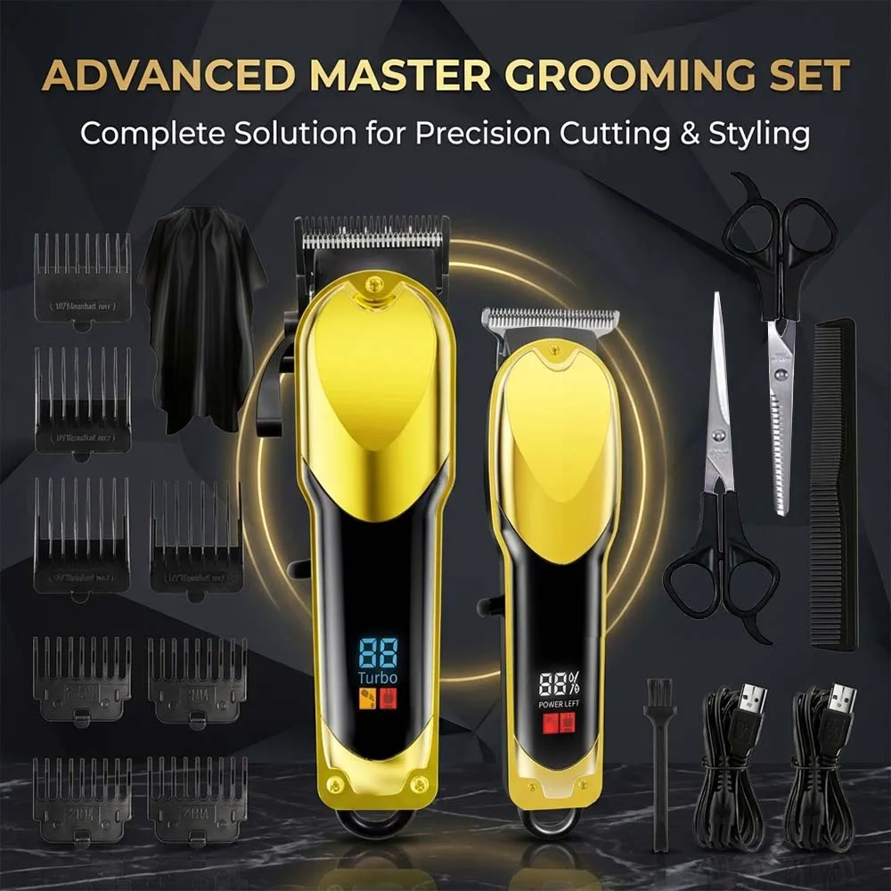 Professional Cordless Hair Clipper Set for Men Rechargeable Electric Trimmer LED Display T-Blade Barber Kit with 8 Combs Scissors & Cape