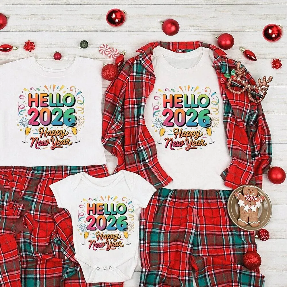 

Hello 2026 Happy New Year Family T-shirts Dad Mom Kids Shirt Baby Romper Family T-shirt Holiday Party Look Outfit Tees
