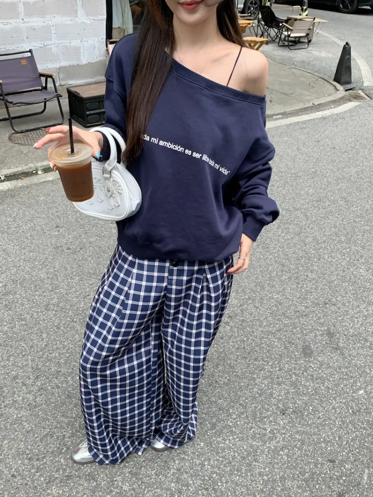 ADAgirl Navy Blue Skew Collar Sweatshirt Women Letter Print Oversized Streetwear Hoodie Wide Leg Plaid Pants Two Peice Sets Chic