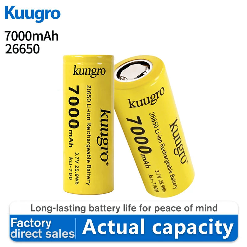

1-20pcs Kuugro 26650 3.7V 7000mAh 35A power Rechargeable lithium battery 26650 Suitable for Flashlight batteries