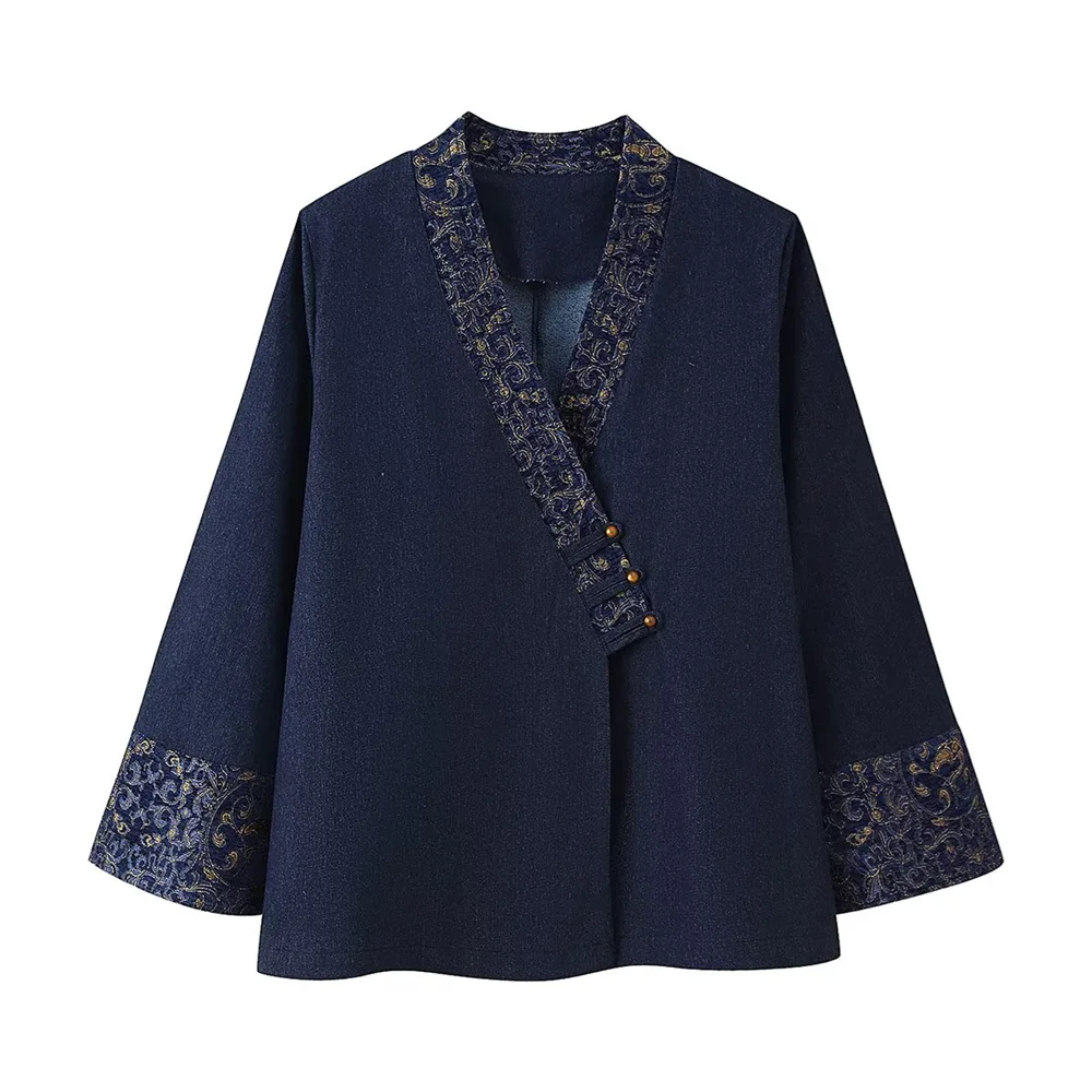 

Taop&Za's new women's fashionable and simple V-neck long sleeved jacquard denim effect kimono style outerwear jacket