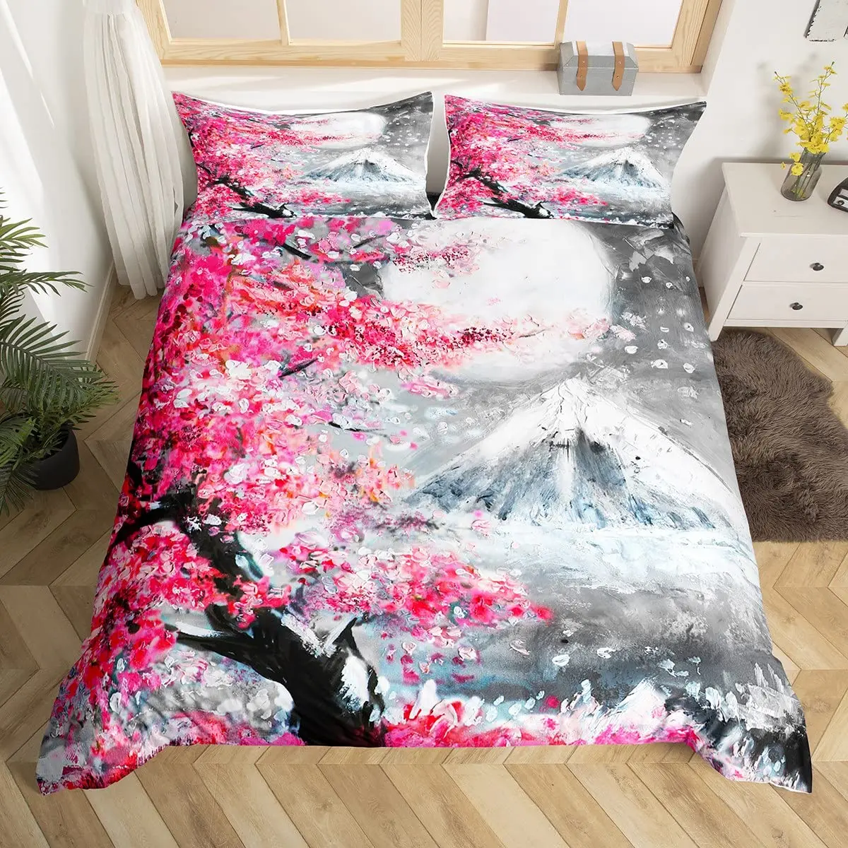 Cherry Blossoms Bedding Set Romantic Theme Pink Comforter Cover Set Duvet Cover Women Girls Couple Teen Soft Comforter,Full Size