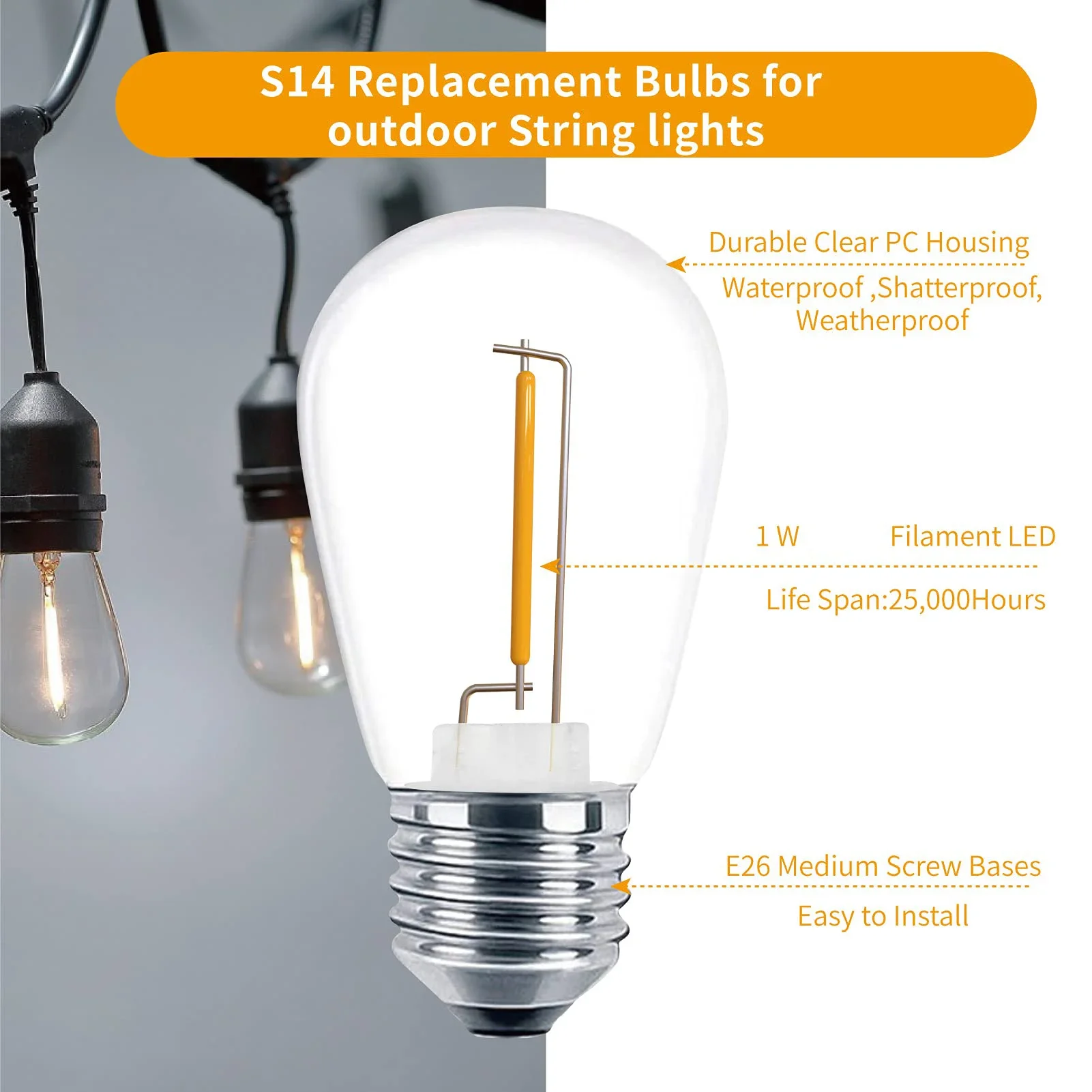16pcs LED S14 Replacement Light Bulbs 1W E27 220V Shatterproof  to Replace 11W Incandescent Waterproof Outdoor String Light Bulb
