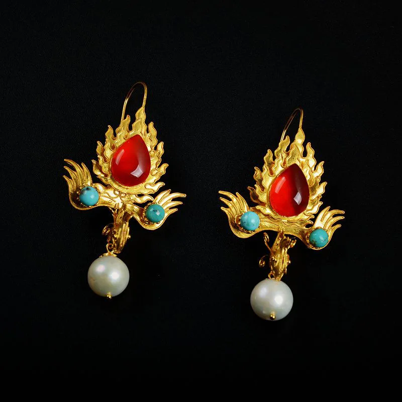 Fashion Chinese Style Vintage Flame Phoenix Red Gemstone Turquoise Earrings for Women Hanfu Cheongsam Jewelry Girlfriend Gift