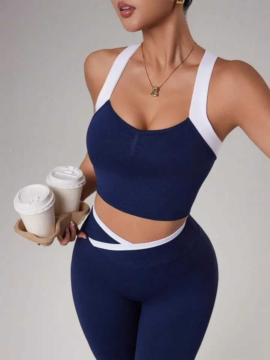 

Blue Seamless 2 Piece Sports Set Women Sleeveless Crop Top And Leggings For Yoga Workout Running