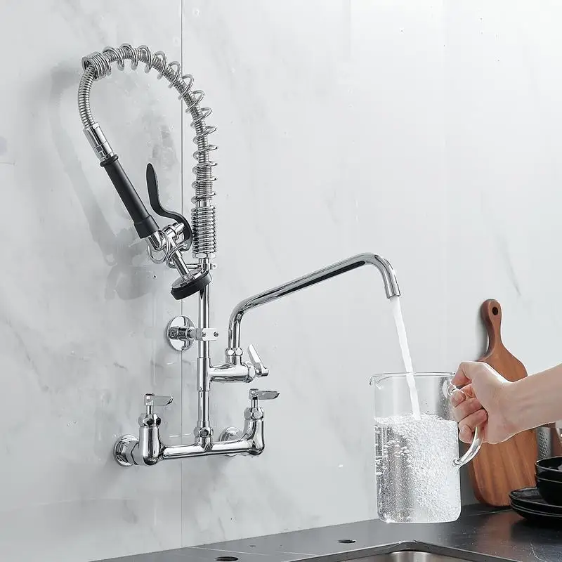 

Commercial Kitchen Faucet Deck Mount with Pre-Rinse Sprayer 21" Height Kitchen Sink Faucet 8" Center and 10" Add-On Swing Spout