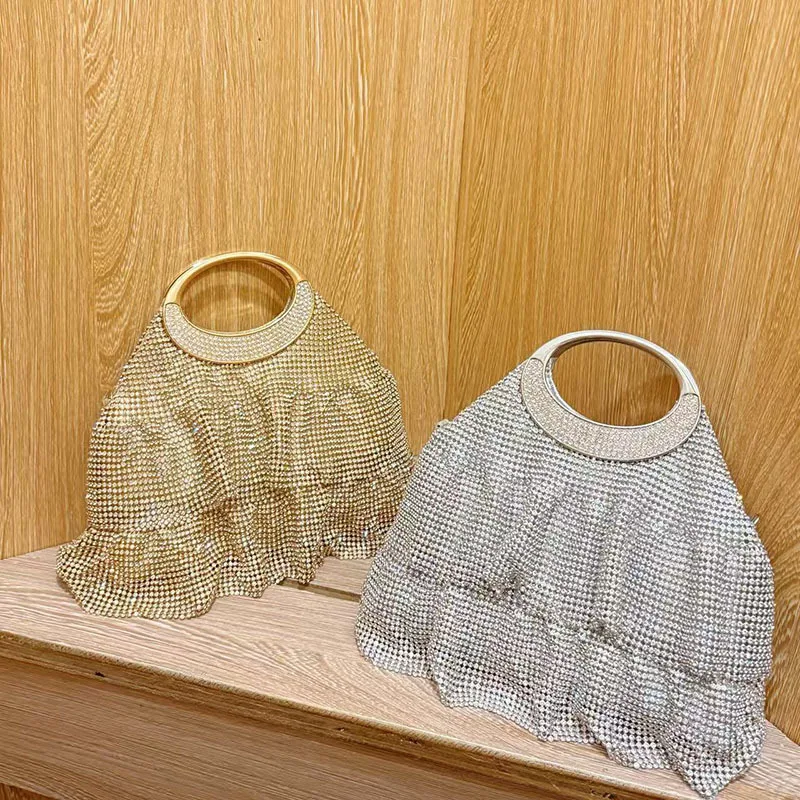 Glitter Shiny Diamonds Pleated Skirt Evening Bag Metal Handle Women Handbag Wedding Party Clutch Purse Shoulder Underarm Bag