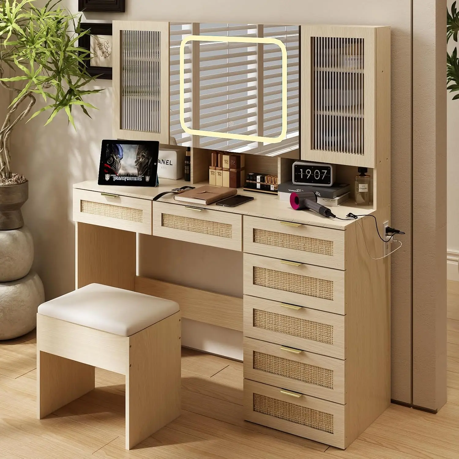 Vanity Desk with LED Lighted Mirror & Padded Bench, Makeup Set with 7 Drawers & 2 Clear Glass Cabinets & 1 Hidden Mirror Cabinet