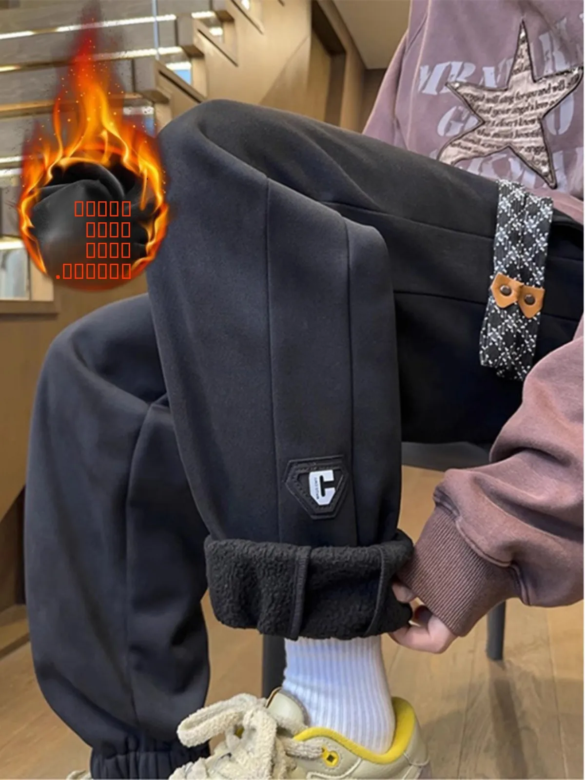 

Bla American Fce Lined Loose Thi Warm Sports Casual Pants for Men Autumn Winter Trendy Brand Cuffed Heavy Du Sweatpants