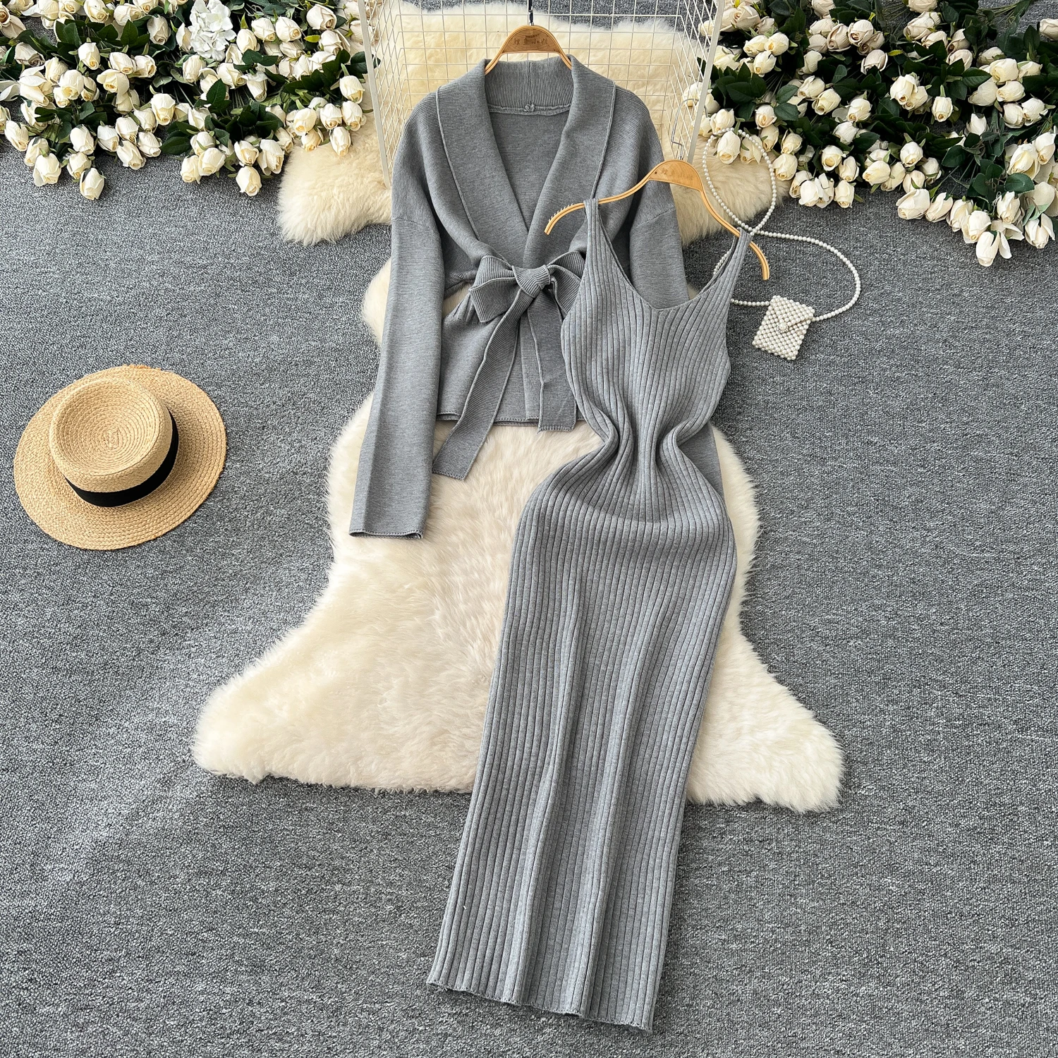 Women Two-Piece Sets Vintage Turn-down Collar Bandage Long Sleeve Top Straps Dresses Korean High Street Winter Knitted Clothing