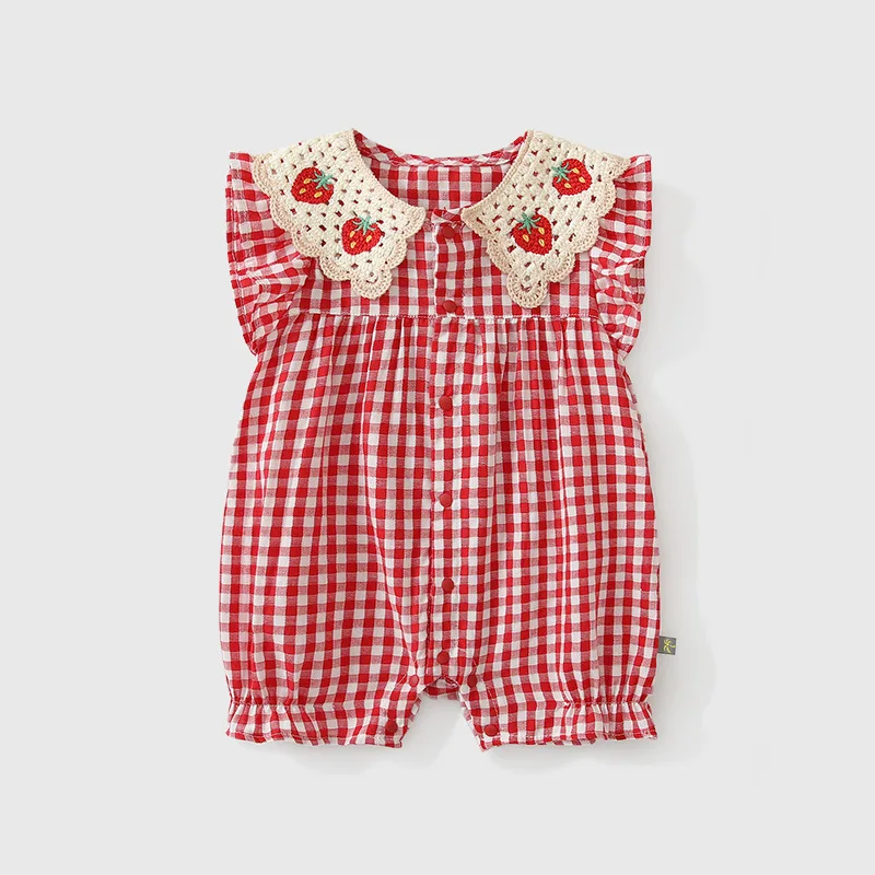 

Baby Thin Short-sleeved Girl Clothes Strawberry Plaid Newborn Romper Summer