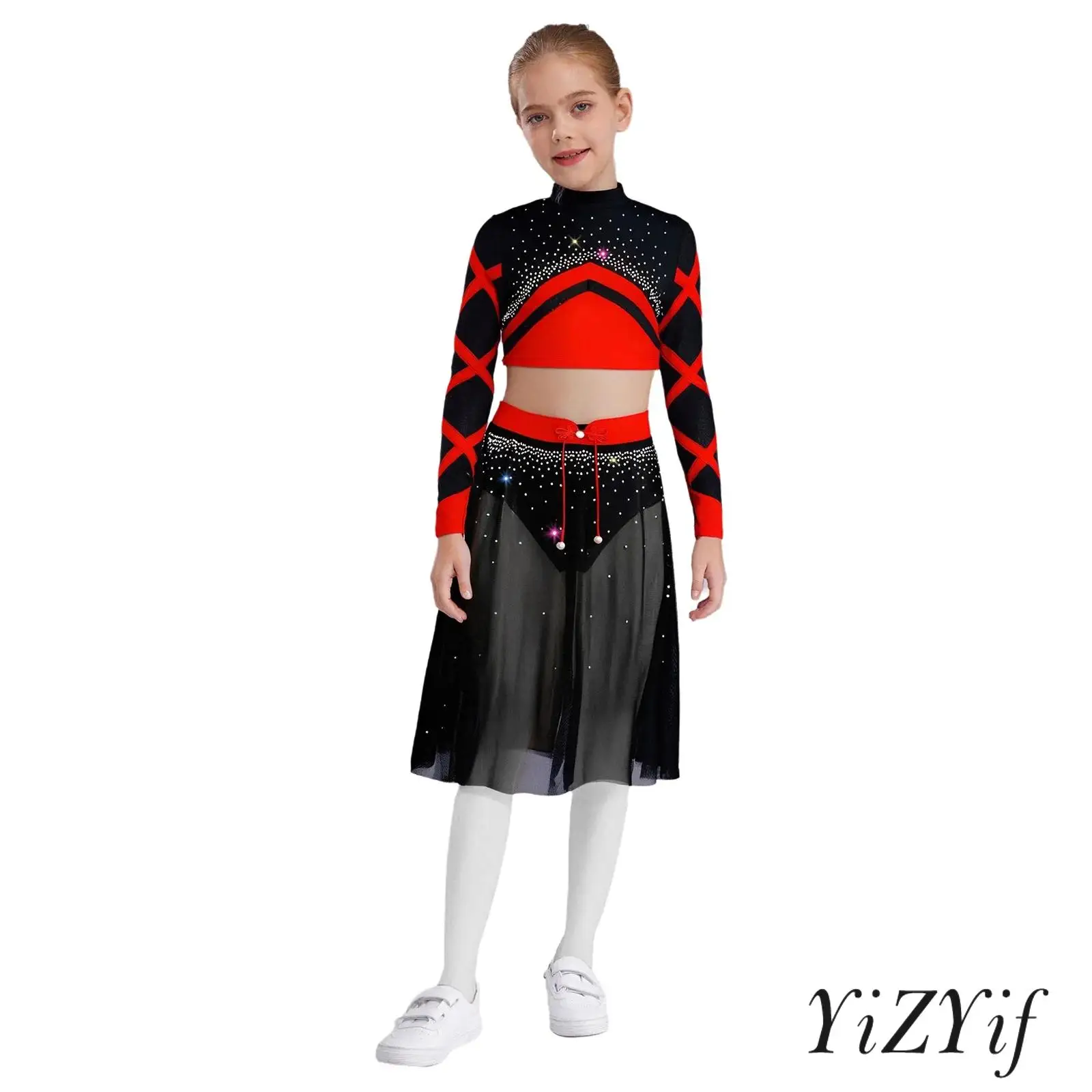 Tenue de danse lyrique de Ballet pour enfants filles, manches longues, trou de serrure au dos, strass brillants, haut court avec bouton de nœud, jupe en maille fendue sur le côté