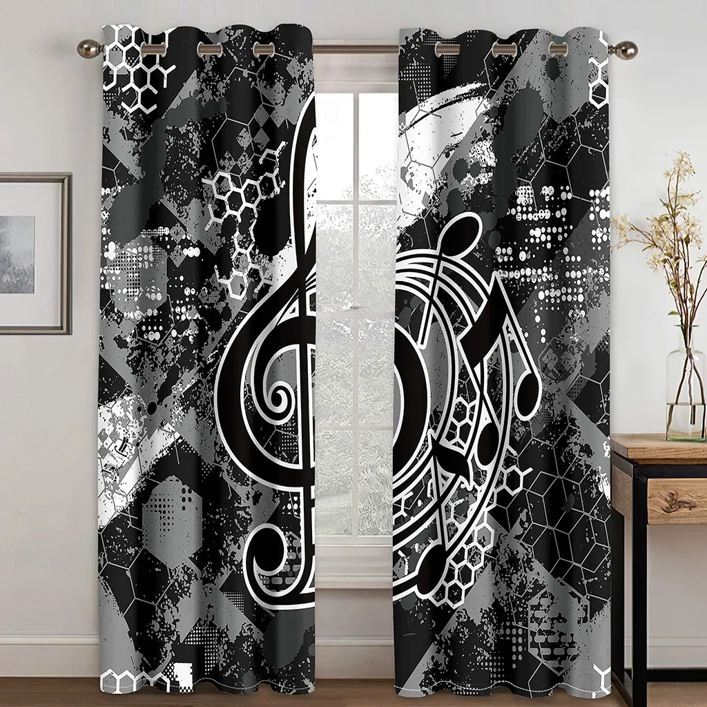 3d Print Modern Black Musical Note Vintage Piano Keys Thin Window Curtains for Living Room Bedroom Decor 2 Pieces Free Shipping