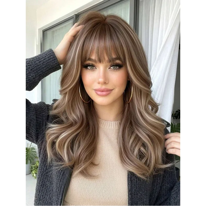 

18" Brown Wavy Wig With Blonde Highlights, Heat Resistant Synthetic Wig For Women, Natural For Daily, Party & Cosplay