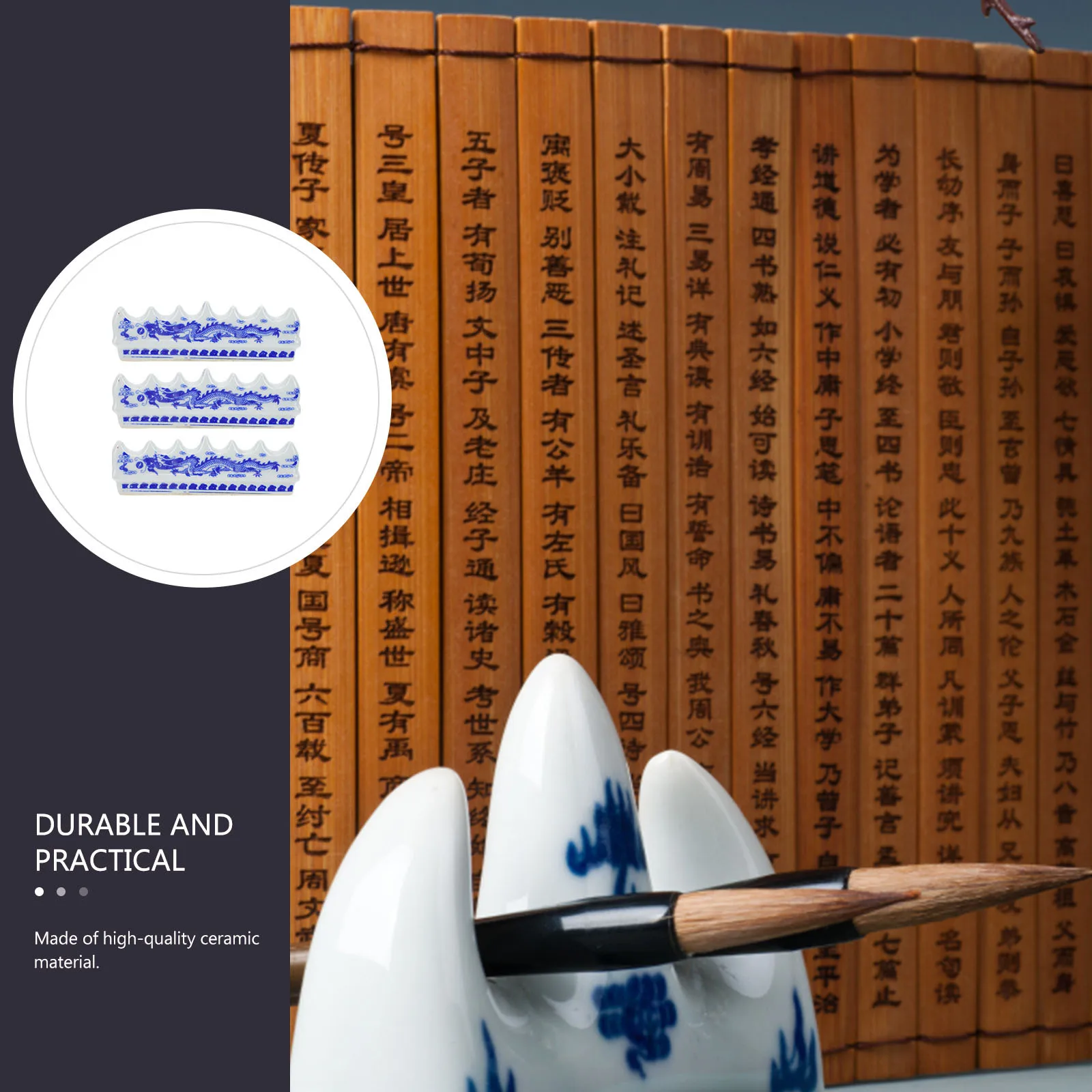 

3Pcs Durable Ceramic Calligraphy Brush Pen Holder Blue and White Ink Brush Stand Desktop Organizer for Office Study