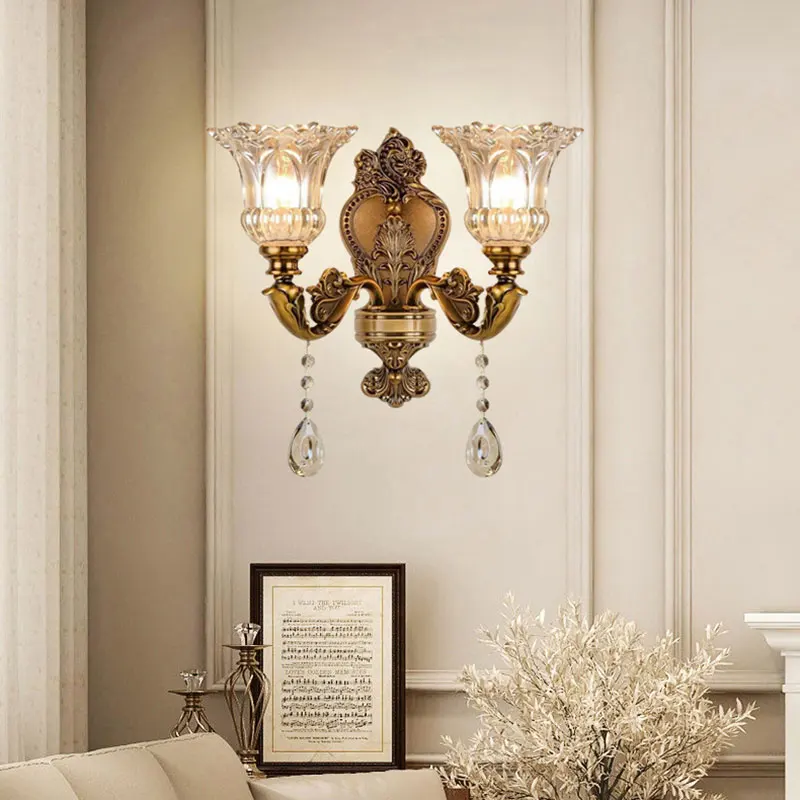 European Retro Crystal Glass Walls Light Double Headed Living Room Bedroom Bedside Lamp Corridor Aisle Mirror Front Wall Lamp