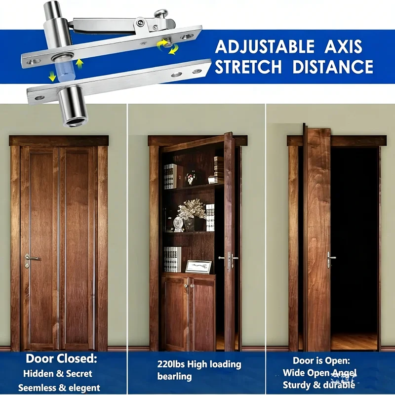 

360 ° Поворотная петля для тяжелых нагрузок, скрытые дверные петли из нержавеющей стали, невидимая фурнитура для секретных дверей и книжных полок