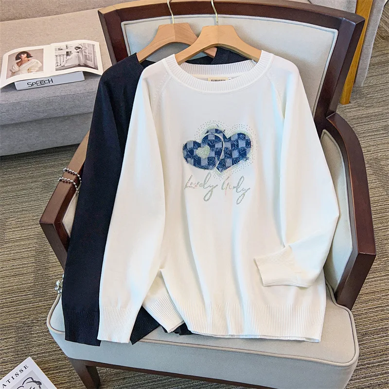 

170 кг, женский бюст 160, весенне-осенний свободный пуловер с круглым вырезом, вязаный черный, белый цвет 5XL 6XL 7XL 8XL 9XL 10XL