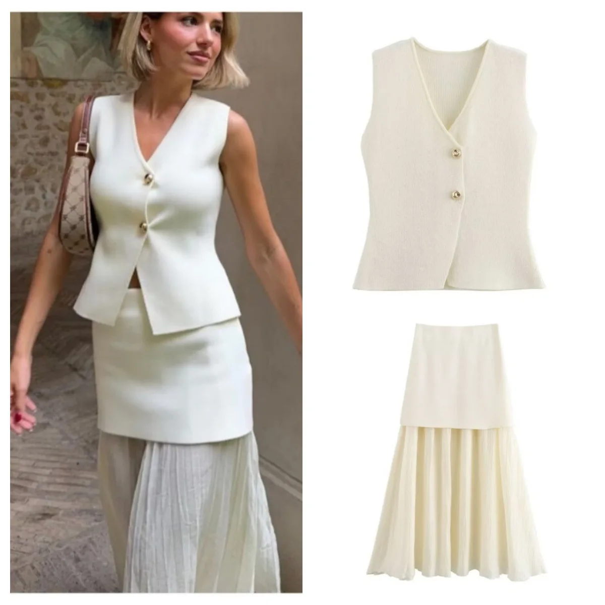 Summer Two piece Set  Women's New Set Dress Solid Color Slim Knit Vest Top Half Skirt