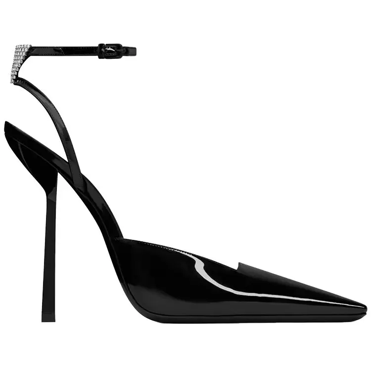 

Crystal Ankle Strap Women Sandals Black Patent Leather Fashion Sexy Pumps Thin Heel Pointed Rhinestone Back Strap Bling Shoe