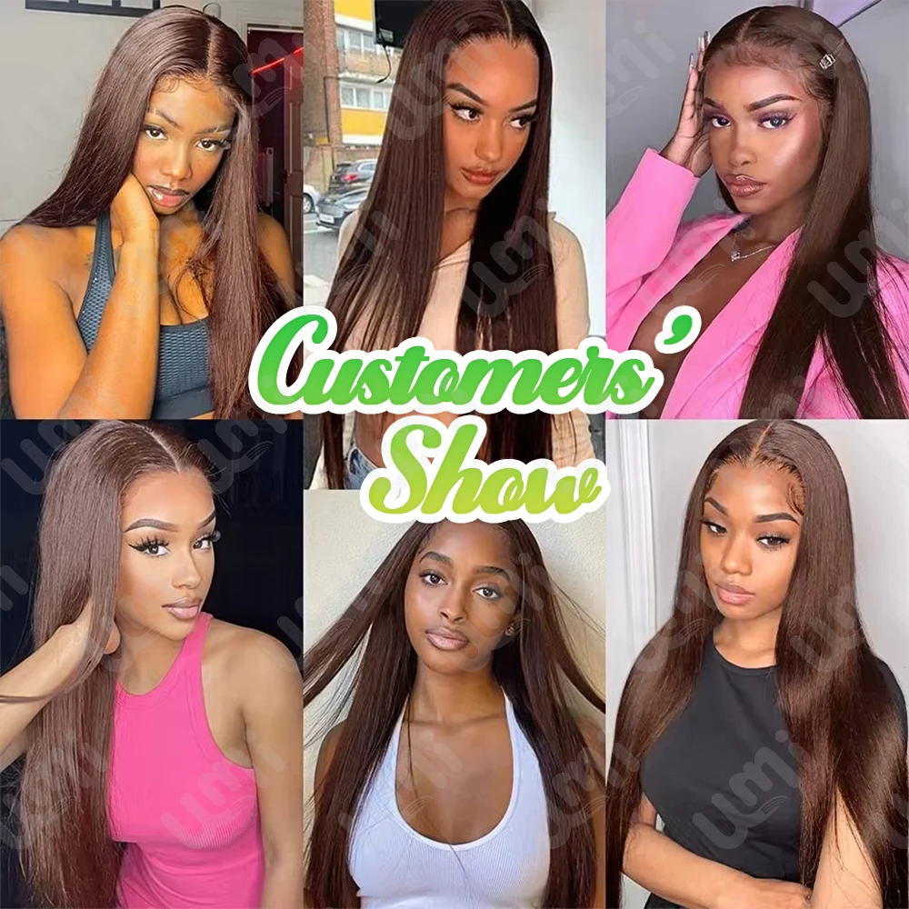 海 # チョコレートブラウンのストレートヘアエクステ4束と、フロントヘアエクステ13x4レミー織り込み式ヘアエクステとクロージャー付き