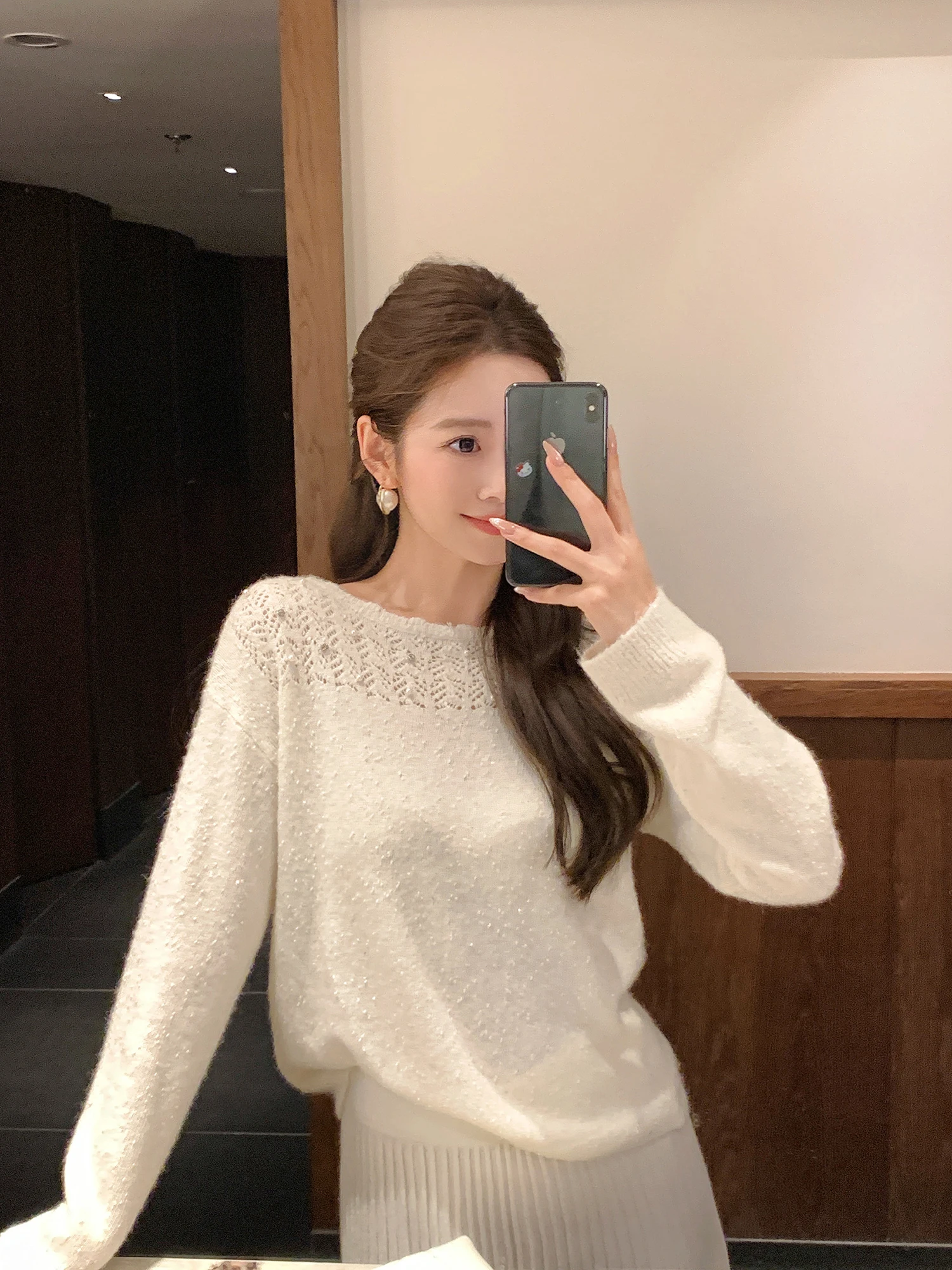 

Gentle Wind Hollow out Lace One oulder Woolen Knitted Sweater Women Slimming Base irt Soft Sle Long Sve Winter Top