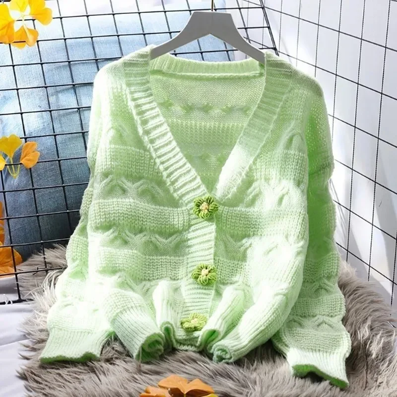 Pullover Strickjacken Blume Knopf Frau Top Herbst Winter Gestrickt Koreanische Lose Langarm Eleganz Süße Lässige Junge Fairycore