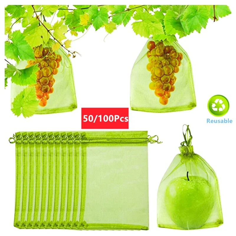 

50/100Pcs Fruit Protection Netting Bags with Drawstring Reusable Grape Grow Bags Strawberry Cover Mesh Bags for Pest Control