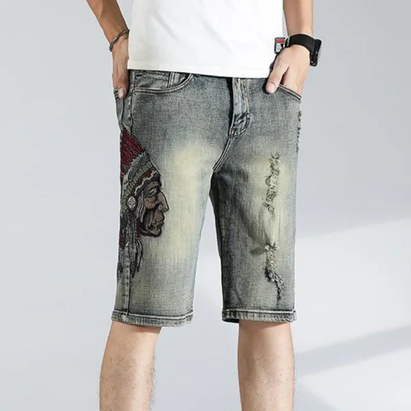 Men's Short Jeans Pants Embroidery Straight Graphic Male Denim Shorts Ripped Distressed Streetwear Jorts Vintage Fitted Blue Cut