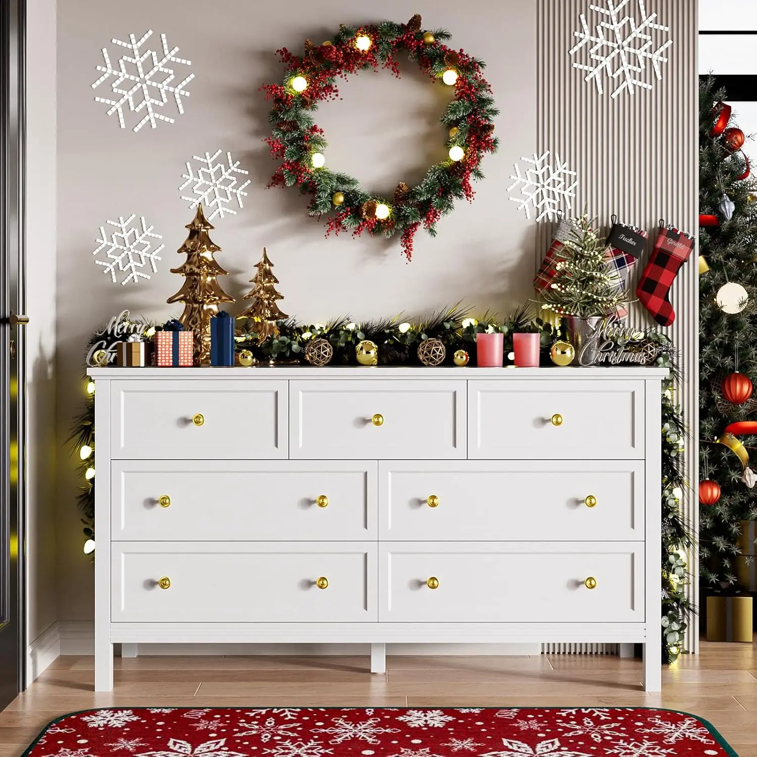 55'' White Dresser for Bedroom with 7 Drawers, Wood Large Dresser with Gold Handles, Modern Wide Chest of Storage Drawers for Ha